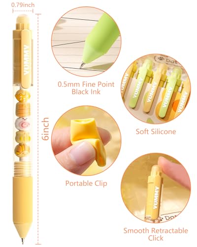6 Pack Cute Cartoon Gel Pens, 0.5mm Fine Point Quick Dry Black Ink Smooth Writing Pens, Retractable Ballpoint for Journaling Planner(Funny Animals Fruits Snacks DIY Designs)