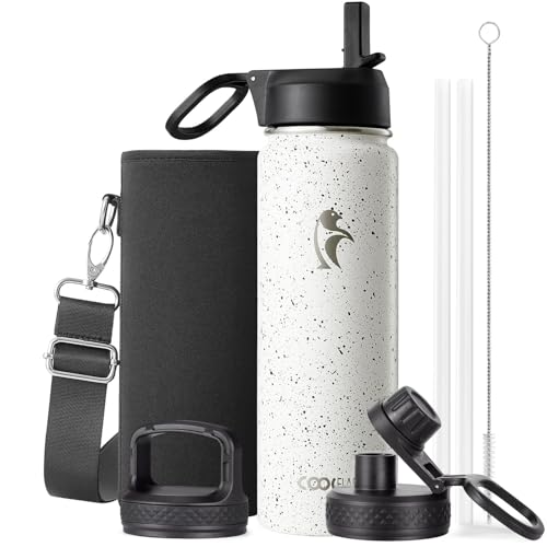 Coolflask Water Bottle 24 oz Insulated with Straw, Stainless Steel Metal 3 Lids Water Flask Wide Mouth for Sports or Office, Non-BPA Keep Cold Up to 48 Hrs or Hot Up to 24 Hrs, Arctic White - color: Arctic White, size: 24 Ounces