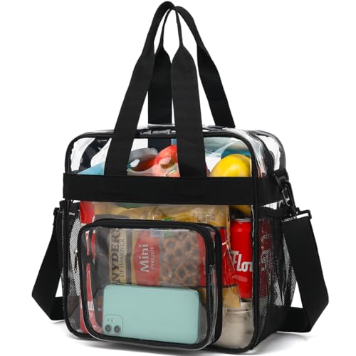 FlowFly Clear Bag for Stadium Events With Shoulder Strap for Women, Men, Large and Reusable Lunch Container, Work and Sporting Events, Travel 12x6x12 Clear Tote Bag, Clear#Black - color: Clear#Black