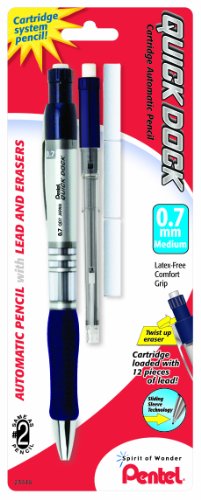 Pentel Quick Dock Automatic Pencil with Refill Cassette and 3 Erasers, 0.7mm, 1 Pack (QD7ELE3BP) - style: 0.7 mm