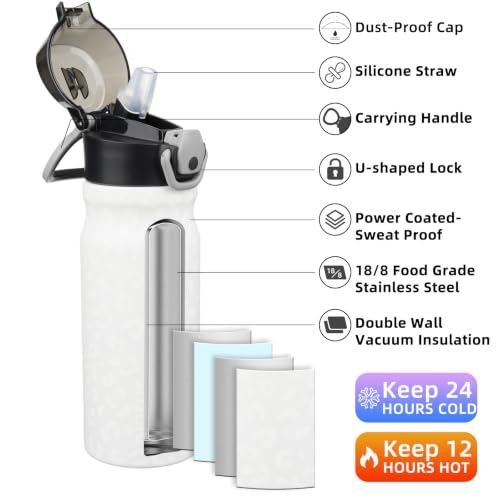 BJPKPK Water Bottle with Straw 18oz Insulated Water Bottles Reusable Stainless Steel Metal Thermal Flask with Leak Proof Lockable Lid and Carry Handle,Cream Leopard - color: Cream Leopard, size: 18 Ounces