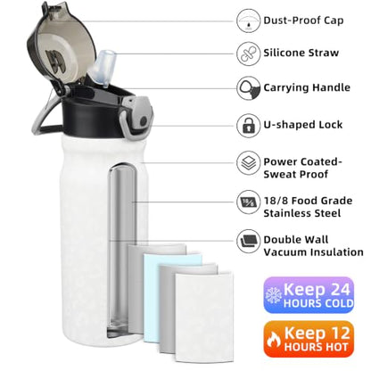 BJPKPK Water Bottle with Straw 18oz Insulated Water Bottles Reusable Stainless Steel Metal Thermal Flask with Leak Proof Lockable Lid and Carry Handle,Cream Leopard - color: Cream Leopard, size: 18 Ounces