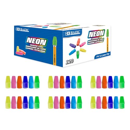 BAZIC Products Neon Pencil-Top Eraser Caps, Latex-Free, PVC-Free, 120 Count | non-abrasive, Slide onto standard pencils, Bulk classroom box - color: 120-count, size: 1-Pack