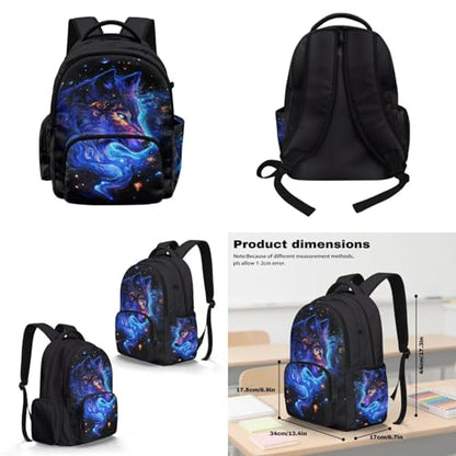 Galaxy Wolf Backpack for Boys Girls Backpack with Lunch Box Water Bottle Pouch and Soft Pencil Case 4PCS Set Cute Bookbag with Front Pocket 17" Large School Bag for Graduation Season Gift - color: Cool Galaxy Wolf