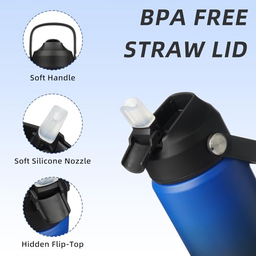 BJPKPK Insulated Water Bottle with Straw Lid, 18oz Thermo Water Bottles, Flex Handle & Non-slip Boot, BPA Free Leak Proof Stainless Steel Metal Thermo, Tumblers, Cups,Black Blue - color: Black Blue, size: 18 Ounces