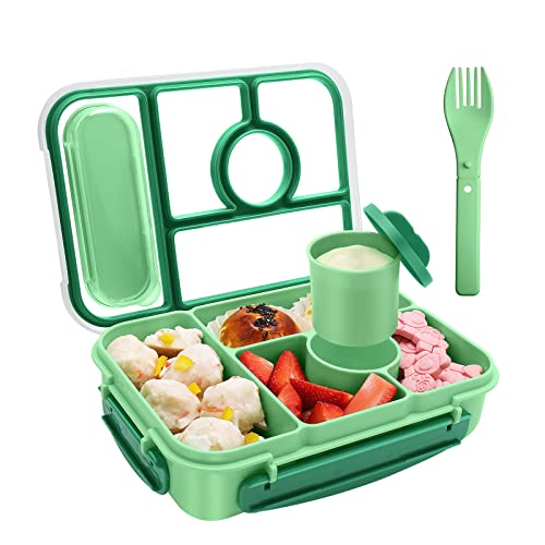 Amathley Bento Box Adult Lunch Box Kids,Lunch Containers for Adults/Kids/Toddler,5 Compartments Bento Lunch Box with Sauce Vontainers,Microwave & Dishwasher & Freezer Safe,BPA-Free (Green) - color: Green
