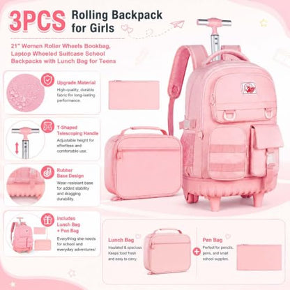 WZLVO Rolling Backpack for Girls Women, 21 inch Water Resistant Roller Wheels Backpacks, Wheeled Bookbag with Lunch Bag for Teen Elementary School Travel - Pink - color: Pink