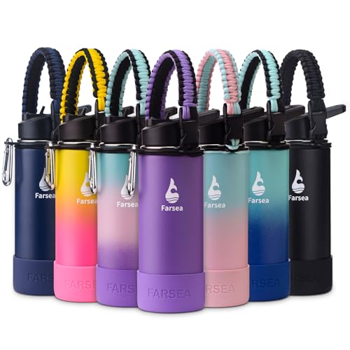Farsea Insulated Water Bottle With Paracord Handle, Protective Boot and 2 Lids (Straw Lid & Spout Lid), Stainless Steel Water Bottle Wide Mouth, Double Wall Sweat-Proof BPA-Free, 18 oz - color: Purple, size: 18 Ounces