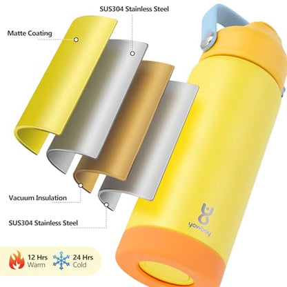 18oz Kids Insulated Water Bottle with Straw Lid & Silicone Handle,Kids Leak Proof Water Bottle for School Boys Girls,Double Wall Vacuum Stainless Steel with Non-slip Silicone Base(Yellow) - color: Yellow, size: 18 Ounces