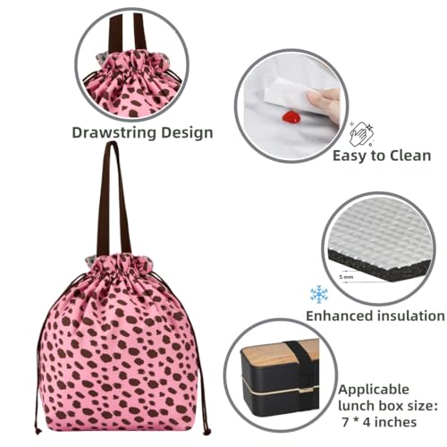 Reusable Lunch Bag,Canvas Drawstring Lunch Bag, Lunch Tote for Work, School, or Picnics, Lightweight & Waterproof, Keeps Food Fresh All Day(Pink Leopard Print) - color: Pink Leopard Print