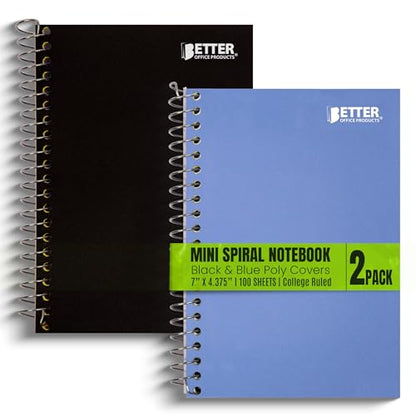 Better Office Products 1 Subject Spiral Notebook, 2 Pack, Personal Small Notebooks, Poly Covers, 7 x 4.375 inch, College Rule, 100 Sheet Mini Notebooks, Black and Blue Covers