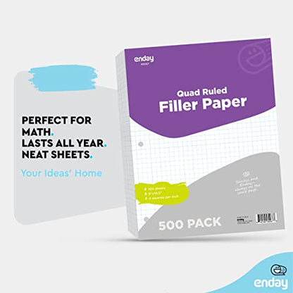 Graph Paper Loose Leaf Bulk, Quad Ruled Lined Filler Paper, Premium Quality Grid Paper, 3 Hole Punch Paper, Letter Size Writing Paper, 10.5 X 8 Inches, 500 Sheets - by Enday