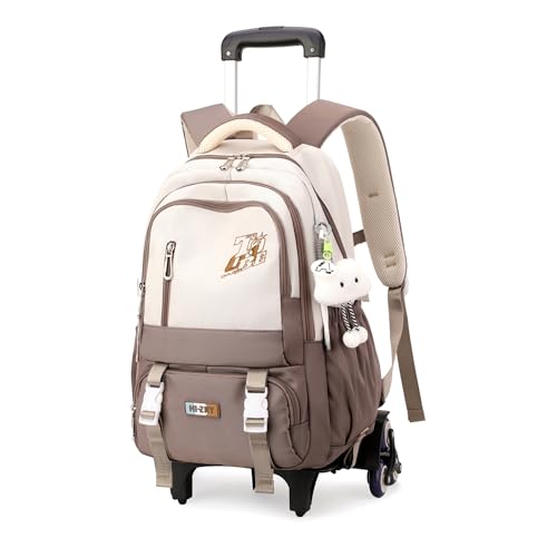Girls Boys Rolling Backpack, Elementary Middle School Kids Bookbag Roller Backpack for Boys Girls with 6 Wheels, Brown - color: 6 Wheels-01-brown, style: 6 Wheels