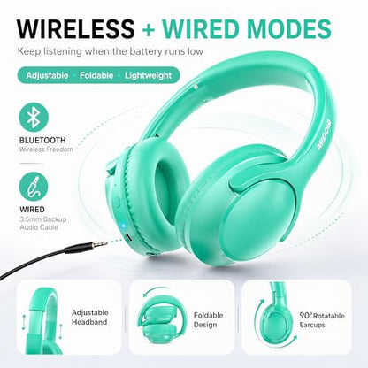 MIDOLA Bluetooth Headphones Over Ear, 68H Playtime Wireless Headphones with Microphone, 6 EQ Modes, HiFi Stereo Deep Bass, Foldable Lightweight Headset for Home Office, Cellphone, PC, Cyan - color: Cyan