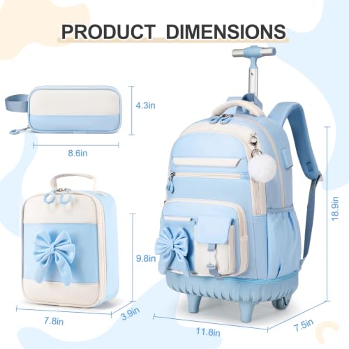 DIGOBAY Rolling Backpack for Girls, Cute Roller School Bag with Wheels, Kids Wheeled Backpacks Set with Lunch Bag Pencil Case for Teen Girls Kindergarten Elementary Middle School - color: Blue