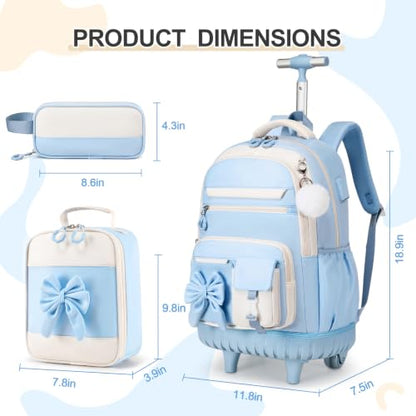 DIGOBAY Rolling Backpack for Girls, Cute Roller School Bag with Wheels, Kids Wheeled Backpacks Set with Lunch Bag Pencil Case for Teen Girls Kindergarten Elementary Middle School - color: Blue