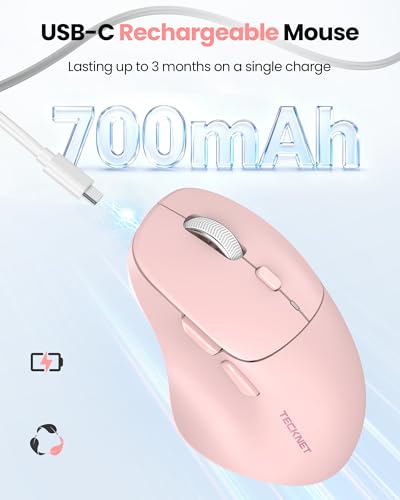 TECKNET Wireless Mouse Bluetooth 5.0/3.0 & 2.4G Rechargeable, Silent Clicks, Adjustable 4800 DPI, 6 Buttons, Ergonomic Design, Bluetooth Mouse for Laptop, Computer, ipad - Pink - color: Pink
