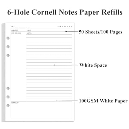 Cornell Notes Filler Paper for A5 Binder - 6 Hole Cornell Notes Refills Paper, 50 Sheets/100 Pages, 100gsm, White, 5.8'' x 8.5'' - size: 1-Pack, style: 6-Hole