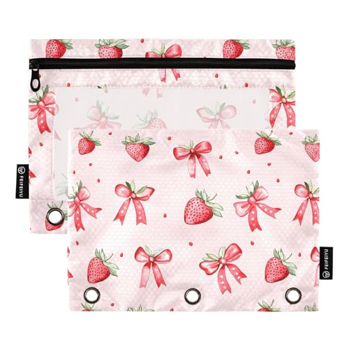 Strawberries Bows Pink Pencil Pouch for 3 Ring Binder 2 Pack Zipper Binder Pencil Bag with Clear Window Pencil Case for Office Supplies - color: Multi23