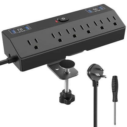 Desk Clamp Power Strip 2 USB C Desktop Mount Outlet Charging Station, 10FT Extension Cord Flat Plug with 6 AC, Removable 40W Fast Charging Surge Protector Power Strip Fits 1.8" Office Tabletop Edge