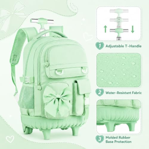 HPJGD 3PCS Girls Rolling School Backpack, Green Bow Tie Wheeled Backpacks, Water-Resistant Roller Bookbag Set - color: Green Bowknot Rolling Backpack Set