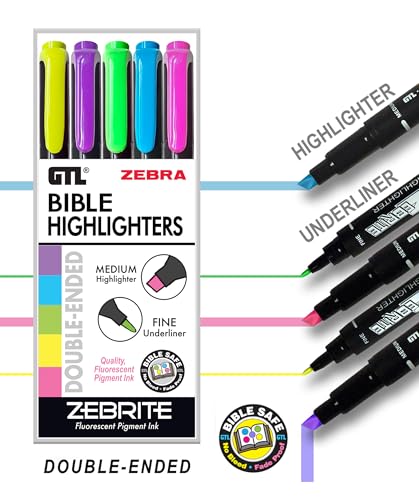 G.T. Luscombe Company, Inc. Zebrite Bible Marking Kit | No Bleed Pigmented Ink | No Fading or Smearing | Double Ended Highlighters, Note Pen & Books of the Bible Ruler/Bookmark (Set of 5 + Ruler)