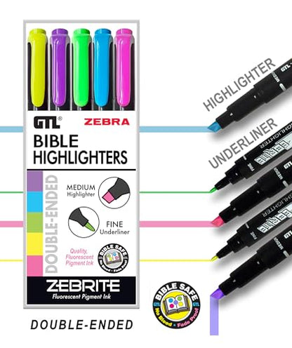 G.T. Luscombe Company, Inc. Zebrite Bible Marking Kit | No Bleed Pigmented Ink | No Fading or Smearing | Double Ended Highlighters, Note Pen & Books of the Bible Ruler/Bookmark (Set of 5 + Ruler)