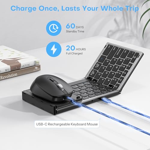 Foldable Keyboard and Mouse for 3 Devices, OMOTON Wireless Bluetooth Combo | USB-C Rechargeable, Ergonomic Mouse, Full-Size Folding with Numpad for Mac/Windows/iPhone/Tablet, Travel Portable, Space Grey