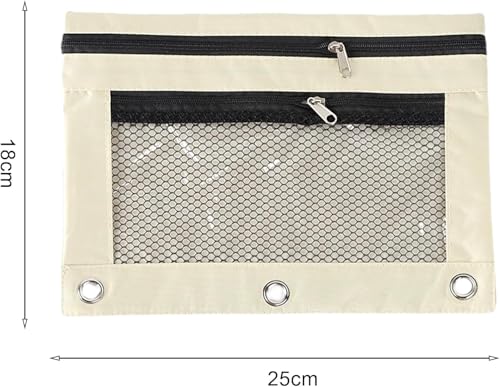 Jinshining 1pc Beige Pencil Pouch for 3 Ring Binder, Binder Pencil Case with Smooth Zipper,Clear Window Pencil Case,Big Capacity 3 Ring Binder Pencil Bag with 3 Reinforced Grommets,Binder Accessories
