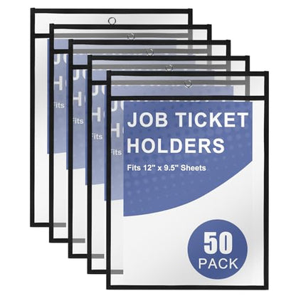 Heavy Duty Dry Erase Pockets 9x12, Job Ticket Holders 50 Pack Plastic Paper Sleeves Sheet Protectors 8.5 x 11 Clear Document Sleeves for Shop Office Classroom Home, Black - size: 9 x 12, style: 50 pack