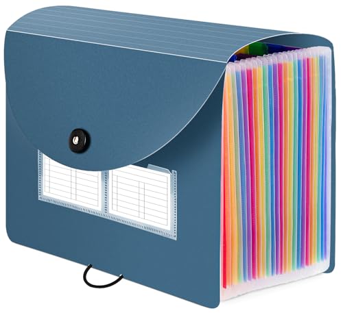 Sooez 24 Pockets Expanding File Folder with Blank Labels, According File Organizer with Expandable Cover, Desktop Accordion Folders Letter A4 Paper Document Storage Organizer, Blue - color: Blue