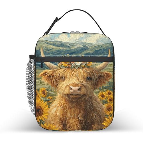 Highland Cow Sunflower Kids Lunch Bag Insulated Lunch Box Cooler Freezable Meal Prep Bag with Shoulder Strap Waterproof Lunch Container for Boys Girls School Office Picnic - color: Highland Cow Sunflower