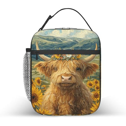 Highland Cow Sunflower Kids Lunch Bag Insulated Lunch Box Cooler Freezable Meal Prep Bag with Shoulder Strap Waterproof Lunch Container for Boys Girls School Office Picnic - color: Highland Cow Sunflower