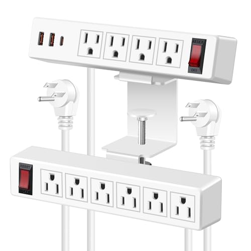 VILONG Desk Clamp Dual Layer Power Strip, 20W USB-C, 700J Surge Protector | 10AC 15FT Extension Cord, Outlet Extender Desk Organizer Workstation Home Office, Fits 1.7" Tabletop Edge, White, ETL Listed - color: White, size: 15FT