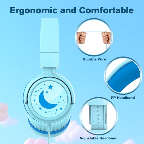 K6 Kids Headphones for Toddler & Kids Ages 2-12, 85/94dB Safe Volume Limited, Wired with 3.5mm Jack, HD Microphone, Adjustable & Foldable, On-Ear Headphones for Tablet, School, Travel (Cyan) - color: Cyan