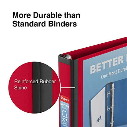 Staples Heavy-Duty 1-Inch D-Ring Binder, Red – 3-Ring Binder with Removable Spine Label, Durable Polypropylene for School & Office - color: Red, size: 1-Inch, style: 1 Pack