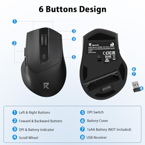 Redragon 노트북용 무선 마우스, USB 수신기가 있는 2.4GHz 컴퓨터 마우스 | 최대 24개월 배터리 수명, 최대 4000 DPI 레벨 5 DPI 레벨, 6 버튼, 자동 슬립, 플러그 앤 플레이, 땀 방지 그립