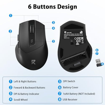 Redragon 노트북용 무선 마우스, USB 수신기가 있는 2.4GHz 컴퓨터 마우스 | 최대 24개월 배터리 수명, 최대 4000 DPI 레벨 5 DPI 레벨, 6 버튼, 자동 슬립, 플러그 앤 플레이, 땀 방지 그립
