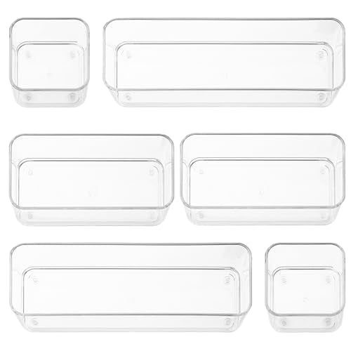 primebox Six Pieces - Clear Plastic Drawer Organizer Bins - Stackable, Non-Slip, 3 Sizes