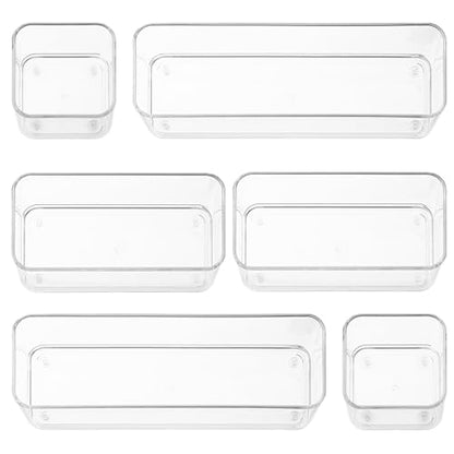 primebox Six Pieces - Clear Plastic Drawer Organizer Bins - Stackable, Non-Slip, 3 Sizes