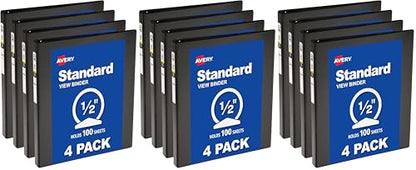 Avery Economy View 3 Ring Binders, 0.5" Round Rings, 100-Sheet Capacity, Black, (17701) (Pack of 12) - size: 0.5" (Pack of 3)