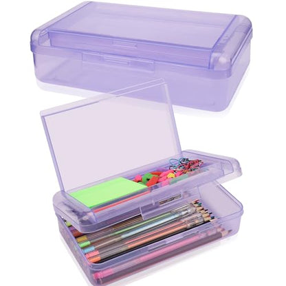 SFLHHDM Large Pencil Box, Double Layer Capacity Pencils Holders, Clear Hard Pen Case with Snap-tight Lid, Plastic Pencil Case for Office School, Pen Boxes Storage School Box (Clear Purple-1pcs) - color: Clear Purple-1pcs