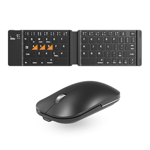 Foldable Keyboard and Mouse, Folding Bluetooth Keyboard Mouse Combo, BT5.0/BT3.0/2.4G, USB-C Rechargeable Portable Combo for Travel and for Laptop iPads Tablets iOS Andorid- Black Upgrade