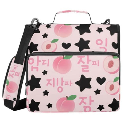 Korean-Style Pink Peaches 3 Rings 1.5 inch Binder with Zipper with Handle and Removable Shoulder Strap Easy to Carry Document Binder Organizer Suitable for Middle School Clip de cremallera escolar