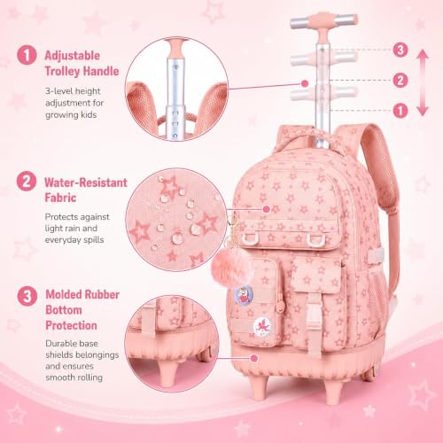 CCJPX Rolling Backpack for Girls, 3Pcs Roller Wheeled School Bookbag, Star Wheels Backpacks with Lunch Box for Kids (Pink) - color: Star Pink