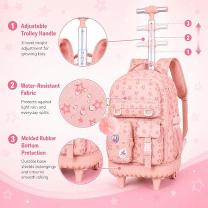 CCJPX Rolling Backpack for Girls, 3Pcs Roller Wheeled School Bookbag, Star Wheels Backpacks with Lunch Box for Kids (Pink) - color: Star Pink