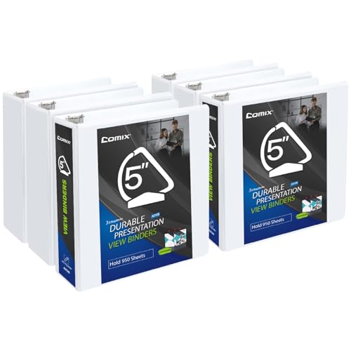 Comix Durable 3 Ring Binder, 5 inch D Ring Binders, Hold 950 Sheets of US Letter Size Paper, 6 Pack (White) - color: White, size: 5 Inch, style: 6 Pack