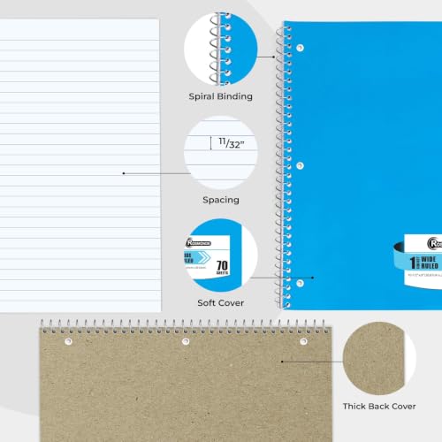 Rosmonde 100 Pack, 1 Subject Spiral Notebook Wide Ruled Bulk, 70 Sheets | Bulk Wide Ruled Notebooks, 140 Pages, 8 x 10-1/2", 3 Hole Punched, Thick No-Bleed Paper, Bulk 1 Subject Notebooks for School - size: 100 Pack
