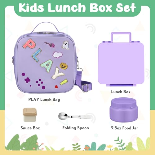 Kids Bento Box - 4 Compartment, Leak-Proof, with Soup Thermo | 9oz Soup Thermo Included, Insulated Lunch Bag, For Boys & Girls, School & Travel - color: Play-Purple