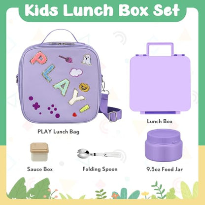 Kids Bento Box - 4 Compartment, Leak-Proof, with Soup Thermo | 9oz Soup Thermo Included, Insulated Lunch Bag, For Boys & Girls, School & Travel - color: Play-Purple